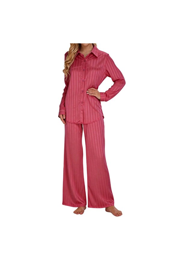 Women’s 2pcs Loungewear Set Elegant Pleated Button Long Sleeve Shirt+Wide Leg Pants Loose Comfy Casual Pajamas Sets