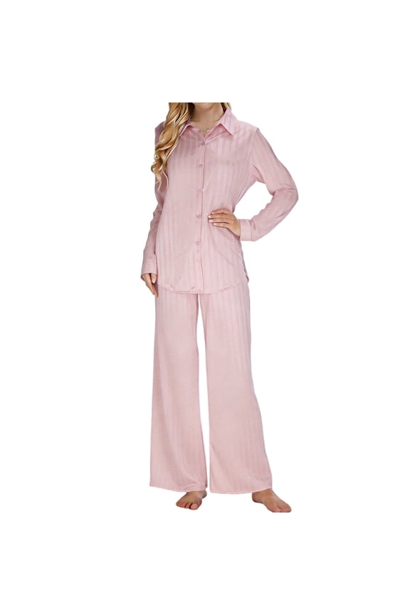 Women’s 2pcs Loungewear Set Elegant Pleated Button Long Sleeve Shirt+Wide Leg Pants Loose Comfy Casual Pajamas Sets