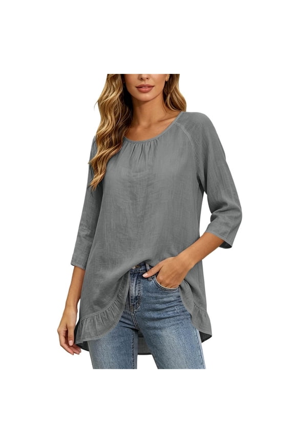 Women's 3/16 Sleeve Ruffle Hem Tunic Tops Raglan Crew Neck Thin Shirt Loose Work Daily Blouses