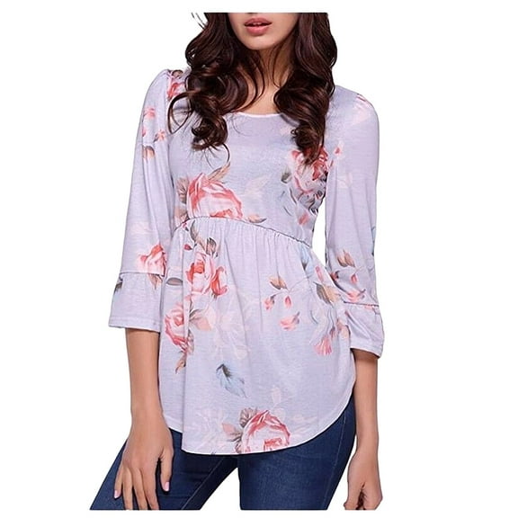 Women's 3/4 Bell Sleeve Loose High Low Hem Scoop Neck T Shirt Grey Floral Babydoll Tunic Blouse XL