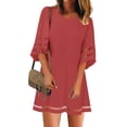 thumbnail image 1 of Women's 3/4 Bell Sleeve Mesh Panel Tunic Dress Casual Dress Cranberry Size L, 1 of 9