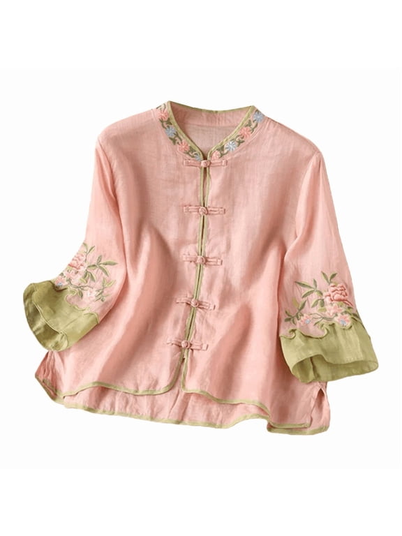 Women's 3/4 Length Sleeve Embroidered Tops Summer Retro Peasant Boho Tops Cotton Linen Dressy Casual Blouses Pullover Shirts Summer Gauze Shirts