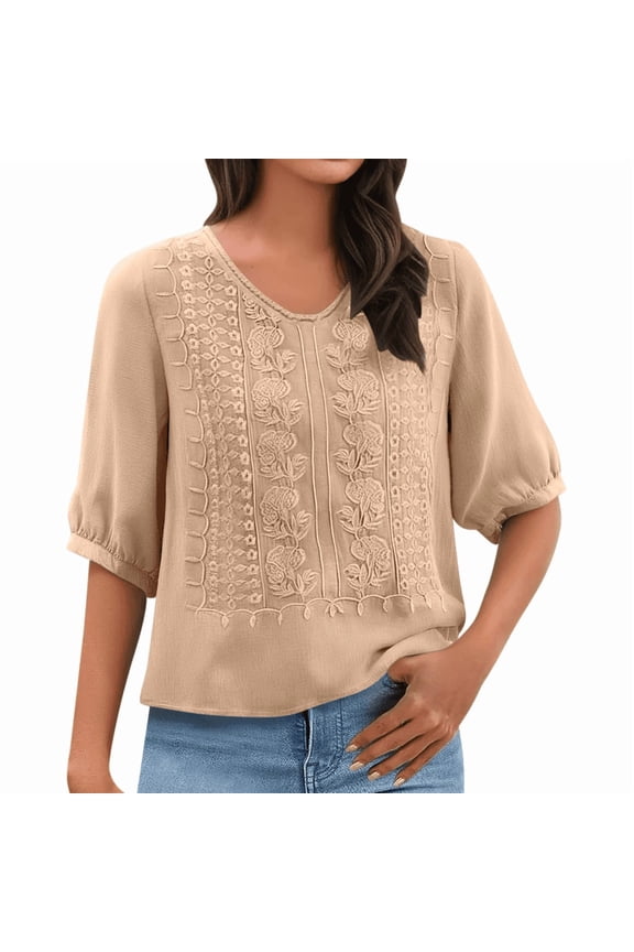 Women's 3/4 Length Sleeve Embroidered Tops Summer Retro Peasant Boho Tops Cotton Linen Dressy Casual Blouses Pullover Shirts Summer Gauze Shirts