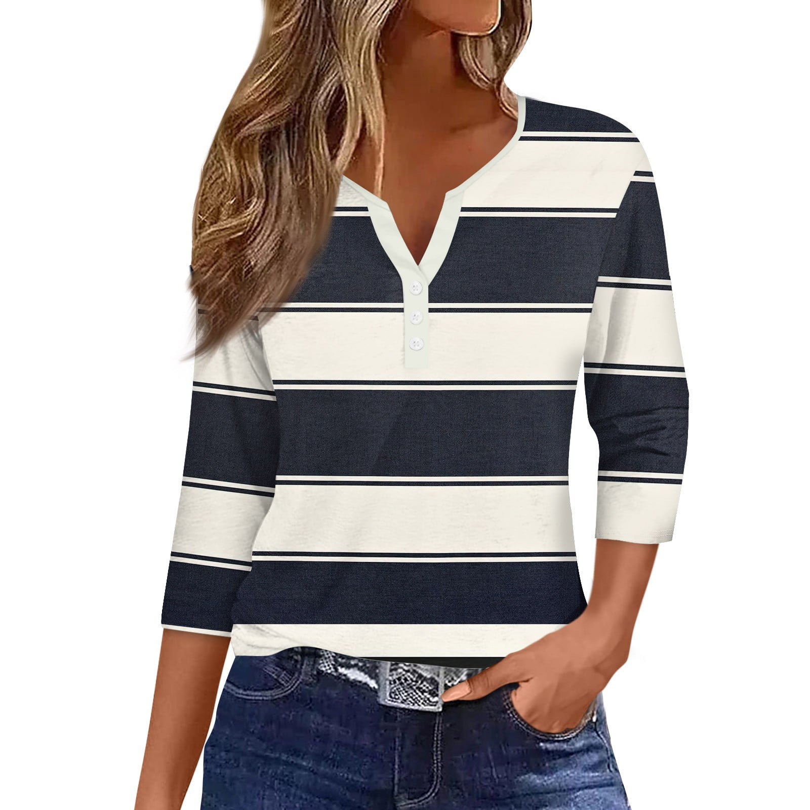 Women's 3/4 Length Sleeve Fall Tops Color Block Striped Blouse 3/4