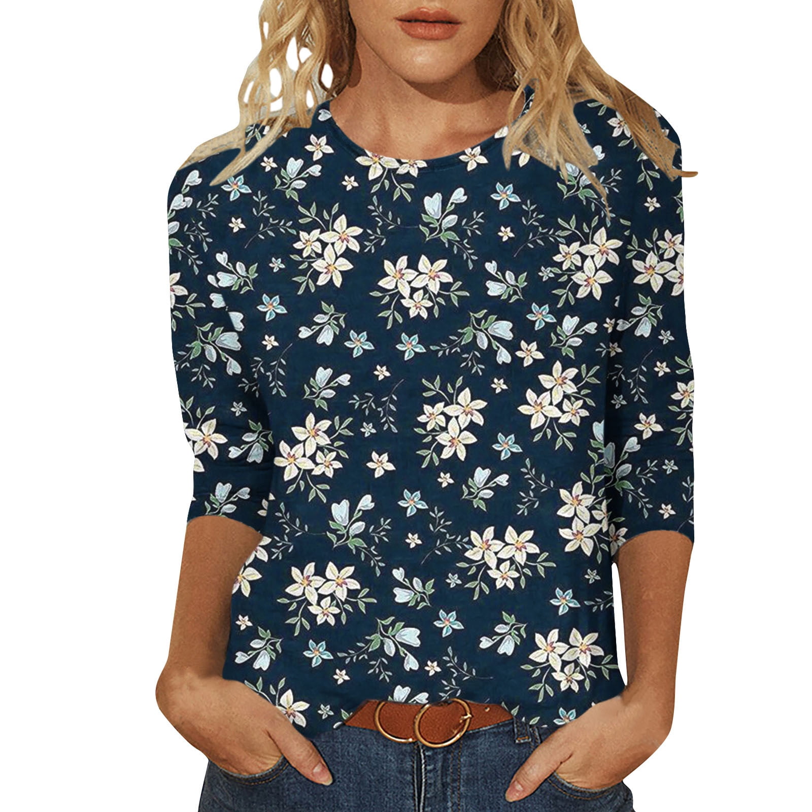 Women's 3/4 Length Sleeve Floral Tops Crewneck Vintage Flowers