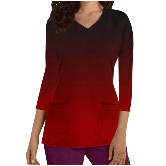 Women's 3/4 Length Sleeve Nursing Top Vneck Gradient Colors T-shirt Stretchy Scrubs Housekeeping Uniforms
