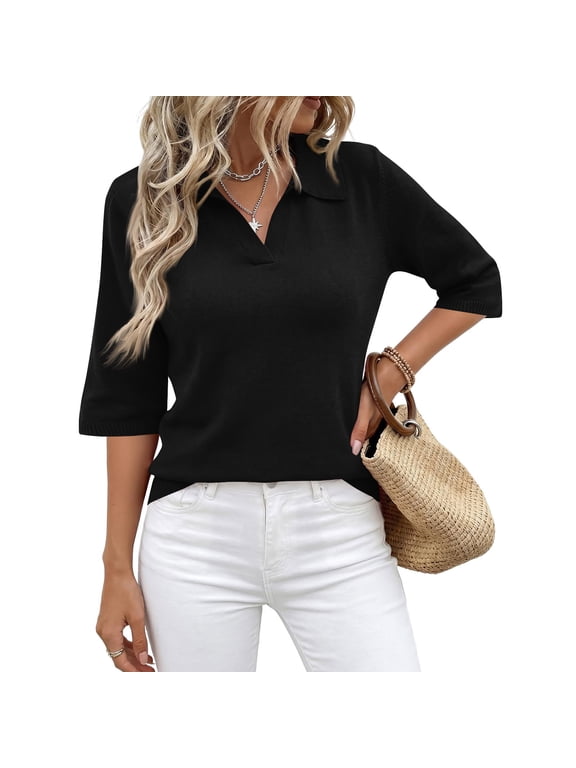 Women's 3/4 Length Sleeve Polo Sweater Summer Knitted Collared Tops, XL