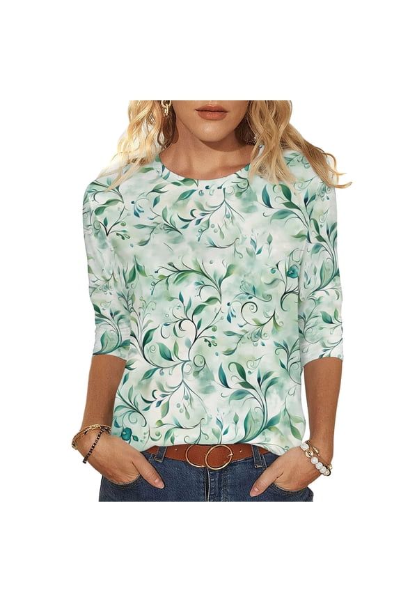 Women's 3/4 Length Sleeve Shirts 2026 Spring Summer Womens Clothings Basic Tees Fashion Flowers Printed Round Neck Blouses Pullover Tops
