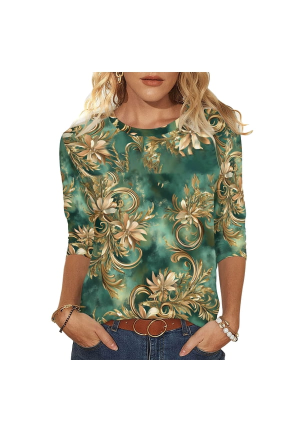 Women's 3/4 Length Sleeve Shirts 2026 Spring Summer Womens Clothings Basic Tees Fashion Flowers Printed Round Neck Blouses Pullover Tops