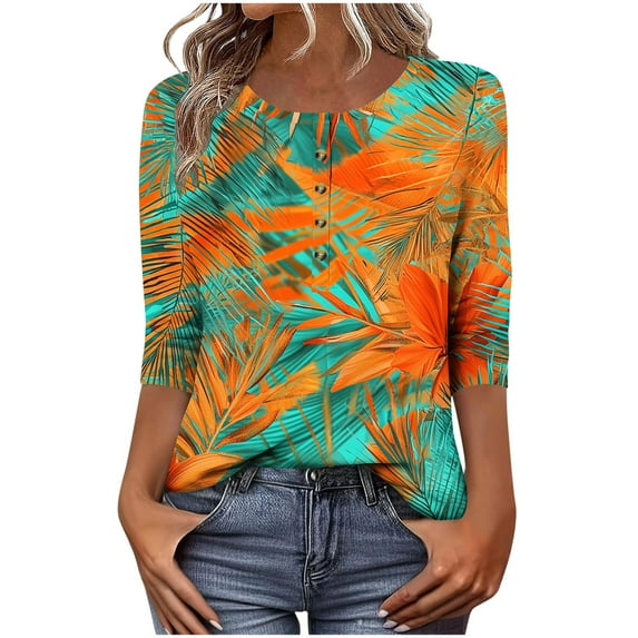 Women's 3/4 Length Sleeve Shirts Round Neck Button Blouses Summer Casual Comfortable Tunic Tops Fashion No Positioning Printing TShirts Pullover Top