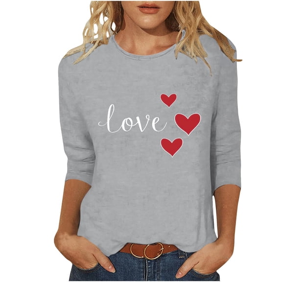 Women's 3/4 Length Sleeve Shirts Valentine's Day Crew Neck Tunics Cute Heart Print Tees Lightweight Fashion Tunic Tops Casual Trendy T-Shirt Lover Gift Holiday Outfits for Women