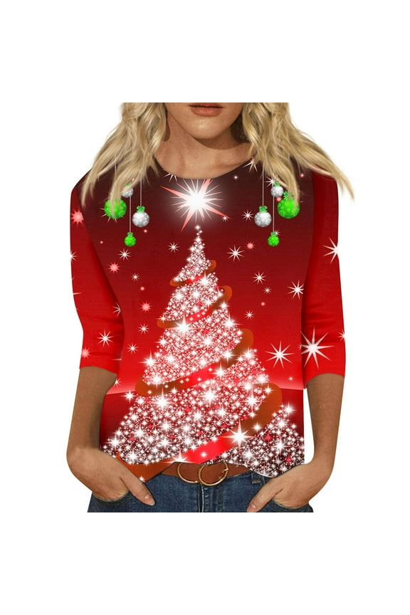 Women's 3/4 Length Sleeve T Shirts Christmas Tree Graphic Printed Tee Casual Crewneck Shirt for Holiday Party Gift