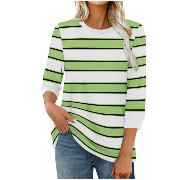 Women's 3/4 Length Sleeve T-Shirts Striped Print Crew Neck Trendy Tunic Tops Loose Casual Tees for Fall Spring (2XL, Army Green)