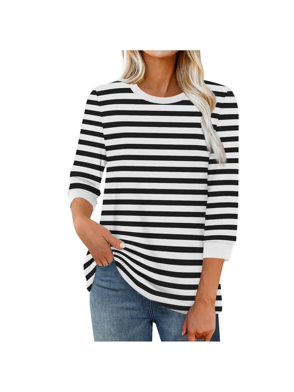Women's 3/4 Length Sleeve T-Shirts Striped Print Crew Neck Trendy Tunic Tops Loose Casual Tees for Fall Spring (L, Black 02)