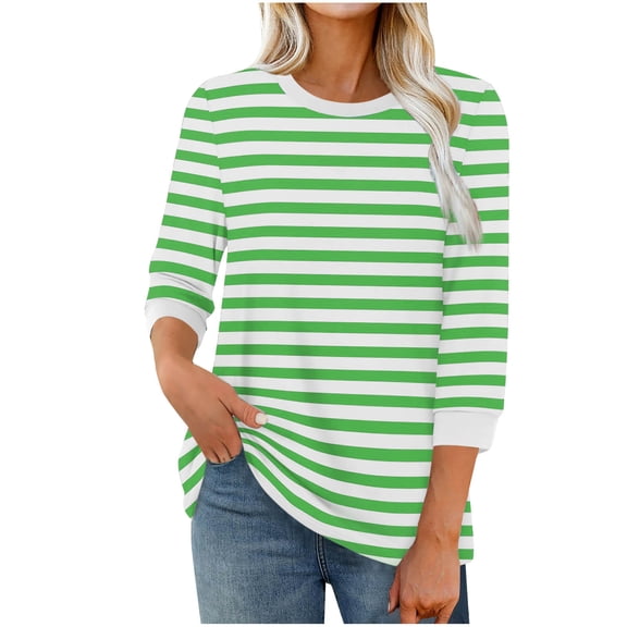 Women's 3/4 Length Sleeve T-Shirts Striped Print Crew Neck Trendy Tunic Tops Loose Casual Tees for Fall Spring (XL, Green 03)