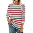 thumbnail image 1 of Women's 3/4 Length Sleeve T-Shirts Striped Print Crew Neck Trendy Tunic Tops Loose Casual Tees for Fall Spring (XL, Pink 03), 1 of 5