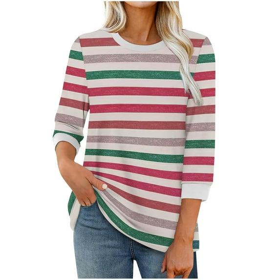 Women's 3/4 Length Sleeve T-Shirts Striped Print Crew Neck Trendy Tunic Tops Loose Casual Tees for Fall Spring (XL, Pink 03)