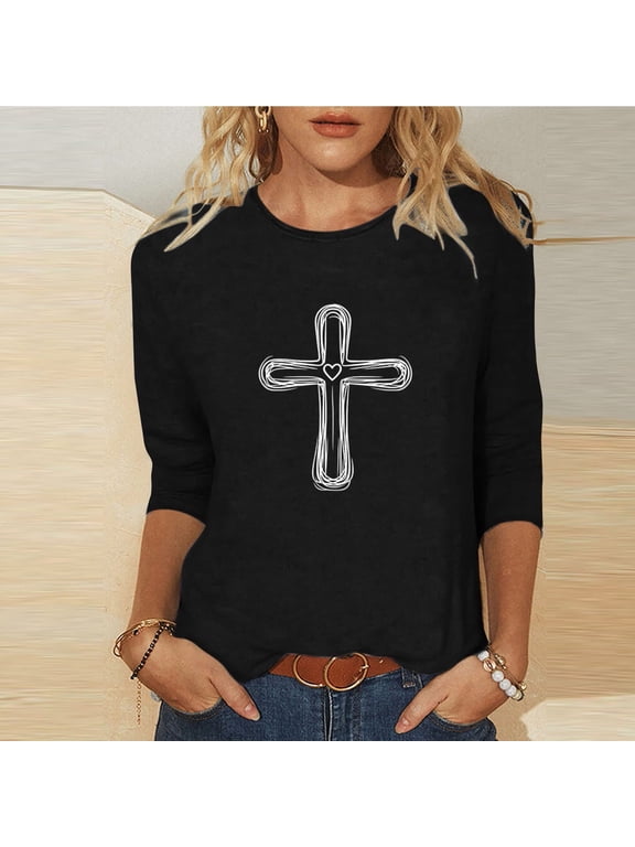 Women's 3/4 Length Sleeve T Shirts Tops Plus Size Crewneck Easter Printed Short Sleeve Shirts Summer Casual Solid Round Neck Oversized Loose Comfy Three Quarter Sleeve Tee Shirt