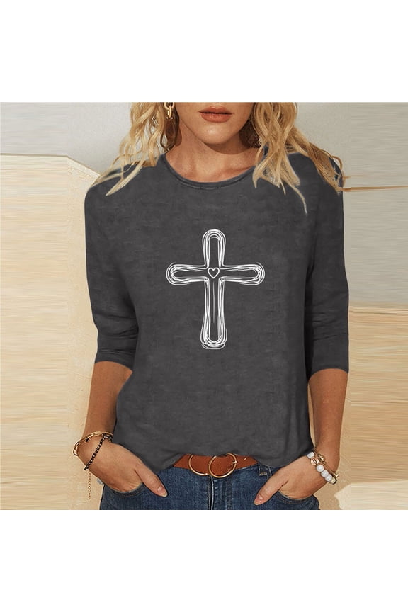 Women's 3/4 Length Sleeve T Shirts Tops Plus Size Crewneck Easter Printed Short Sleeve Shirts Summer Casual Solid Round Neck Oversized Loose Comfy Three Quarter Sleeve Tee Shirt