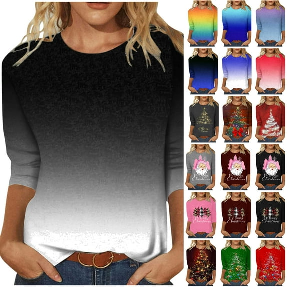 Women's 3/4 Length Sleeve Tops 2024 Summer Crew Neck Gradient Printed T-Shirts Dressy Casual Fashion Tshirts Trendy Loose Fit Tee Shirt Blouse