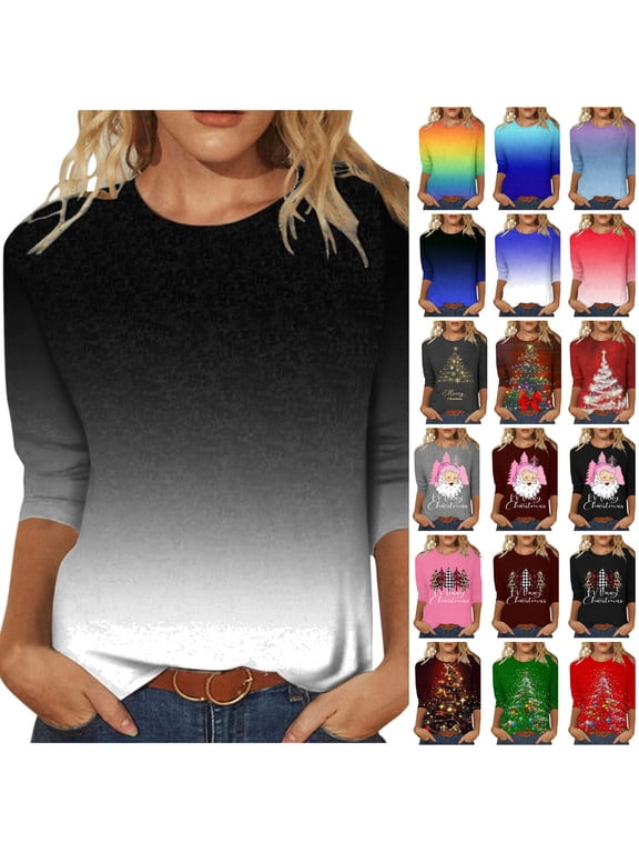 Women's 3/4 Length Sleeve Tops 2023 Summer Crew Neck Gradient Printed T-Shirts Dressy Casual Fashion Tshirts Trendy Loose Fit Tee Shirt Blouse