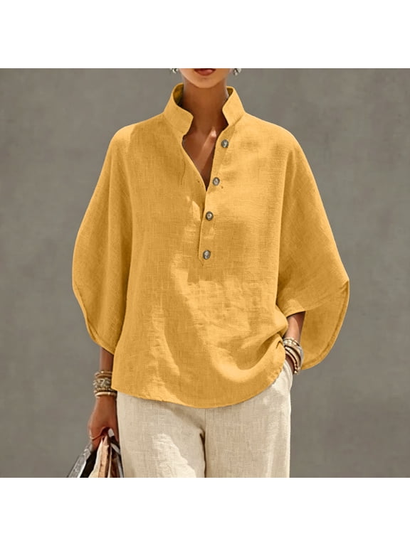 Women's 3/4 Length Sleeve Tops Batwing Sleeve Mandarin Collar Workout Tops Pullover Tunic Tops Gauze Shirt Relaxed Fit Basic Tee Fall Shirts Blusas De Lino Para Mujer Vintage Top Peasant Shirt