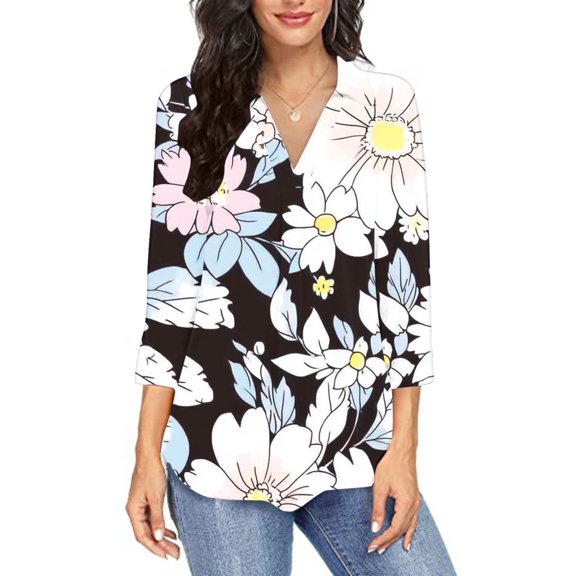 Women's 3/4 Length Sleeve Tops Casual Floral Tunic Shirt Collared V Neck Pullover Comfy Tee Blouses