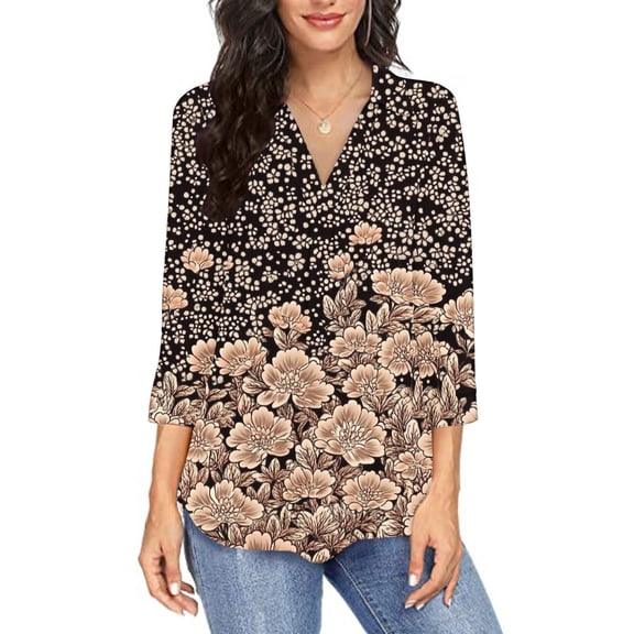 Women's 3/4 Length Sleeve Tops Casual Floral Tunic Shirt Collared V Neck Pullover Comfy Tee Blouses