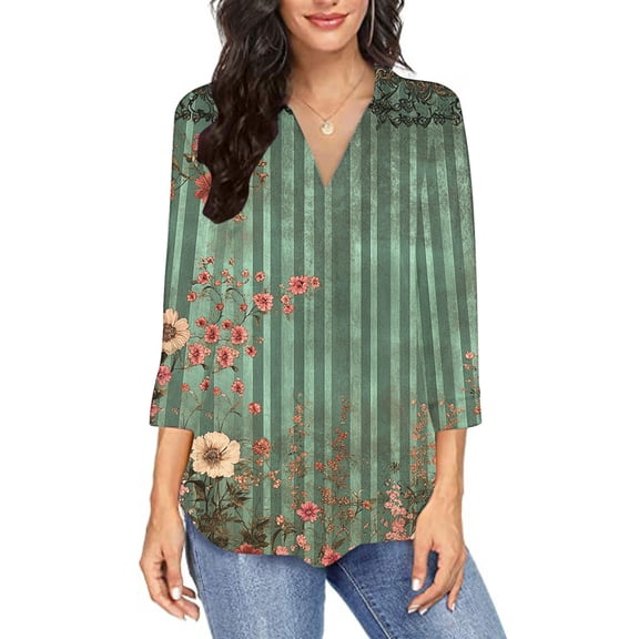 Women's 3/4 Length Sleeve Tops Casual Floral Tunic Shirt Collared V Neck Pullover Comfy Tee Blouses