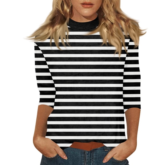 Women's 3/4 Length Sleeve Tops Casual Striped Mock Neck Tunic Shirts Spring Summer Basic Tees Loose Fit Business Work Blouse Black M
