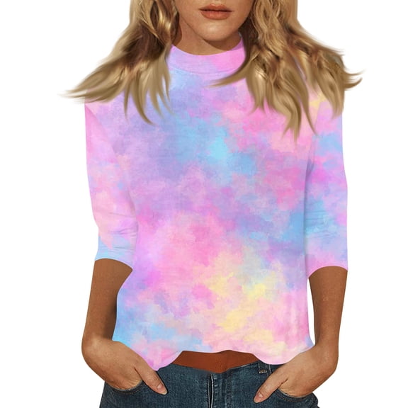 Women's 3/4 Length Sleeve Tops Casual Tie Dye Mock Neck Tunic Shirts Spring Summer Basic Tees Loose Fit Business Work Blouse Multicolor M