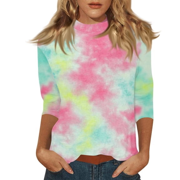 Women's 3/4 Length Sleeve Tops Casual Tie Dye Mock Neck Tunic Shirts Spring Summer Basic Tees Loose Fit Business Work Blouse Purple Pink M