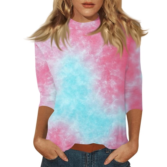 Women's 3/4 Length Sleeve Tops Casual Tie Dye Mock Neck Tunic Shirts Spring Summer Basic Tees Loose Fit Business Work Blouse Vermilion 3XL