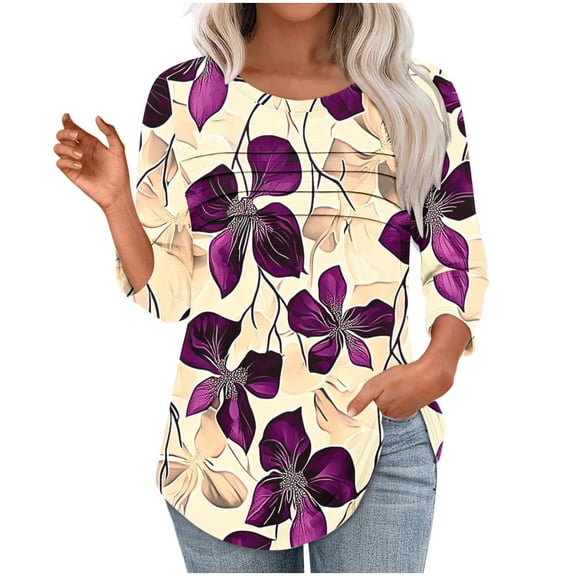 Women's 3/4 Length Sleeve Tops Dressy Casual Blouses Crewneck T-Shirts Loose Curved Hem Tunic S-3XL