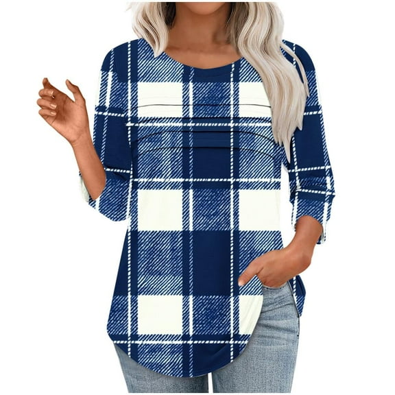 Women's 3/4 Length Sleeve Tops Dressy Casual Blouses Crewneck T-Shirts Loose Curved Hem Tunic S-3XL