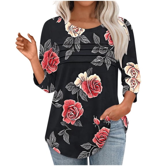 Women's 3/4 Length Sleeve Tops Dressy Casual Blouses Crewneck T-Shirts Loose Curved Hem Tunic S-3XL