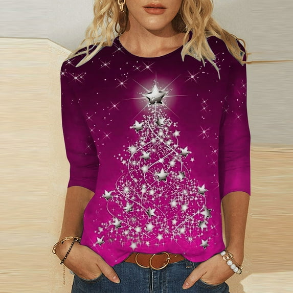 Women's 3/4 Length Sleeve Tops Fitted,Christmas Shirts for Women 3/4 Sleeve Shirt Christmas Tree Graphic Shirt Tee Cute Xmas Holiday Shirt 2024 Trendy Clothes