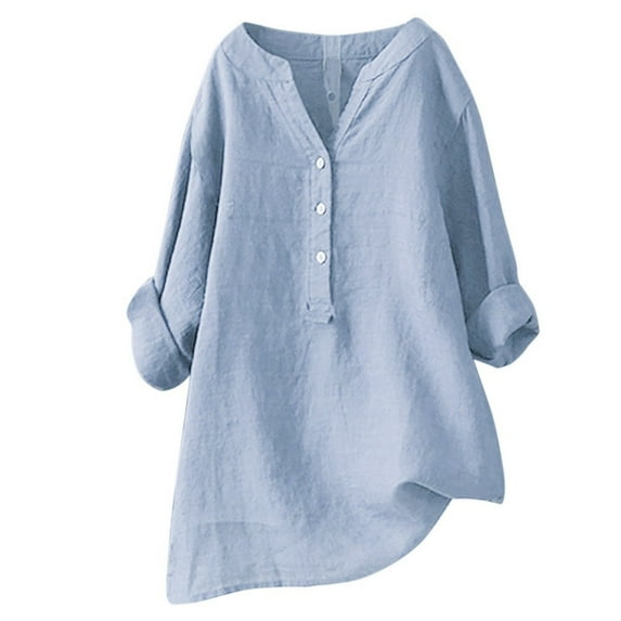 Women's 3/4 Length Sleeve Tops Loose Button Down Blouse Tops Stand Solid Color Long Sleeve Shirt Blouse Casual Loose Blouses T Shirts