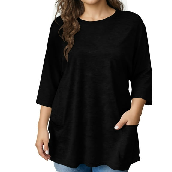 Women's 3/4 Length Sleeve Tops Oversized Crewneck Shirts with 2 Pockets Loose Fit Casual Blouses Solid Color Trendy Shirts Fashion Tees Spring Summer Outfits 2026 Black XXXXXL