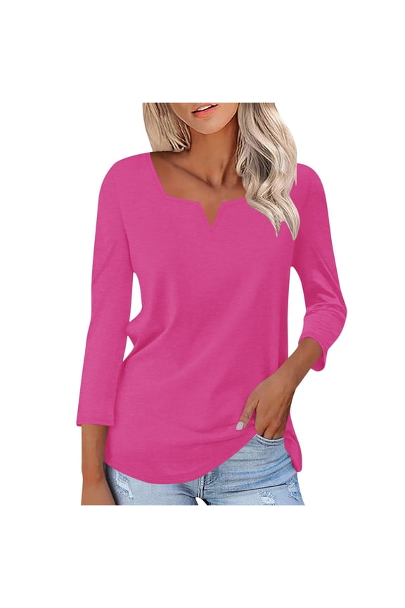 Women's 3/4 Length Sleeve Tops Square Notched V Neck Cotton Shirts Casual Summer Spring Comfy Soft Blouses