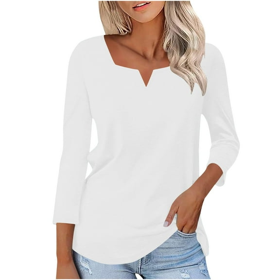 Women's 3/4 Length Sleeve Tops Square Notched V Neck Cotton Shirts Casual Summer Spring Comfy Soft Blouses