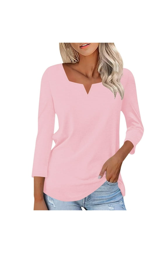 Women's 3/4 Length Sleeve Tops Square V Notched Neck Shirts Casual Solid Color Breathable Comfortable Blouses