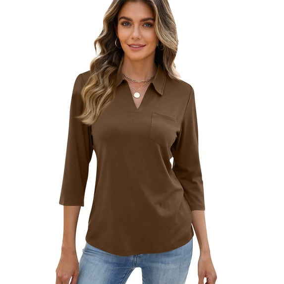 Women's 3/4 Length Sleeve V-Neck Collared Tops Summer Business Casual Work Polo Shirts 2026 Brown XL