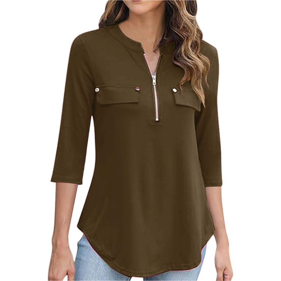 Women's 3/4 Length Sleeve V Neck Flowy Tunic Blouses Work Tops Shirts with Zippers