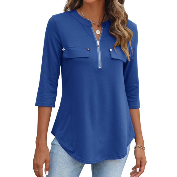Women's 3/4 Length Sleeve V Neck Flowy Tunic Blouses Work Tops Shirts with Zippers