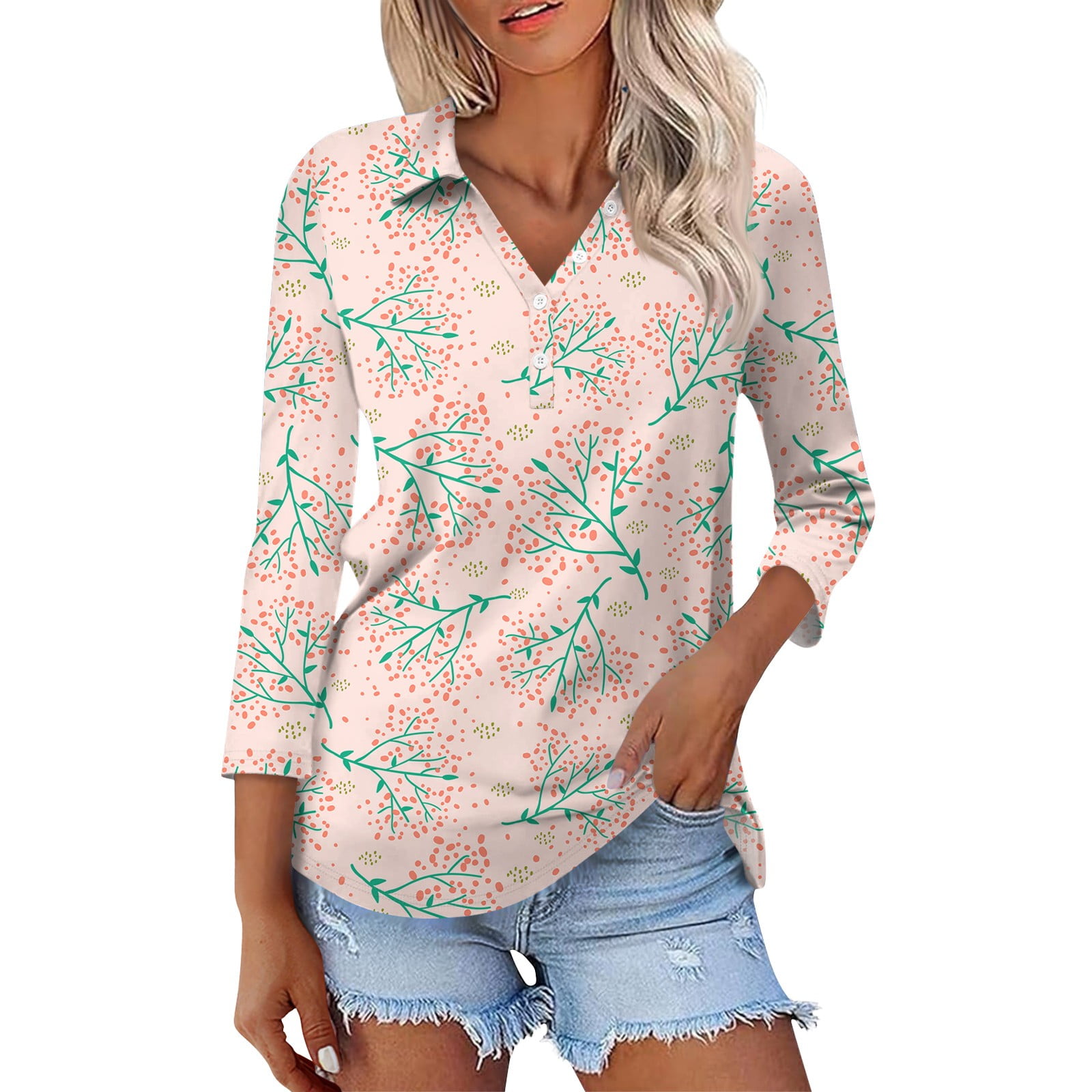 Women's 3/4 Length Sleeve VNeck Polo Shirts Button Down Blouse Tops