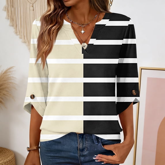 Women's 3/4 Length Sleeve V Neck Tops Plus Size Loose Casual Dressy Work Blouses Trendy Daily Outfits Beige XL