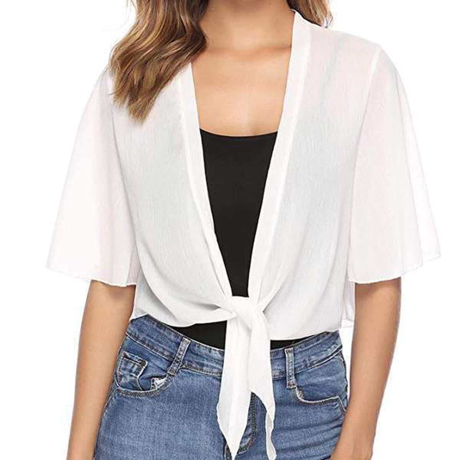 ORGUE Cut gather tops【White】 Women's 3/4 Length Sleeves Chiffon Bolero Shrug Tie Front