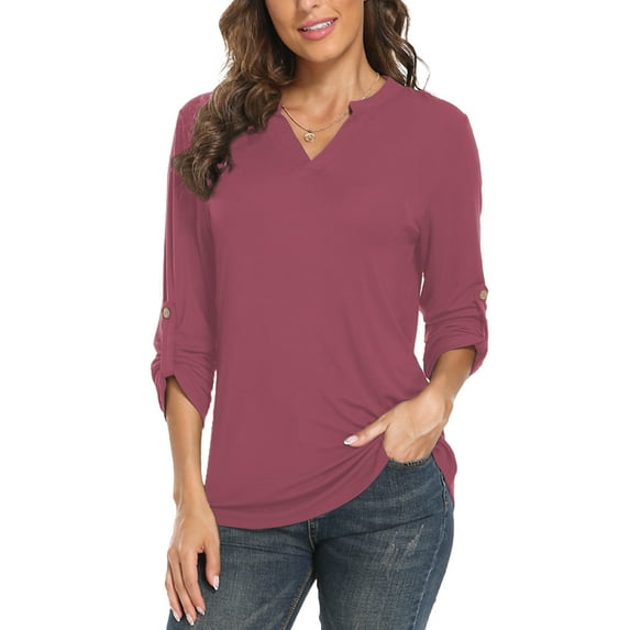 Women's 3/4 Roll Sleeve V Neck Tops Casual Tunic Shirts Blouse Ladies Tops(Mauve S)