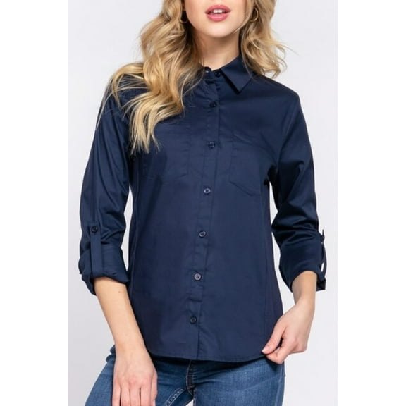 Women's 3/4 Roll up sleeve side rib panel stretch shirt